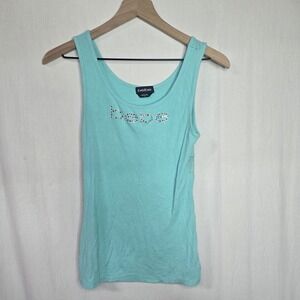 bebe Y2K Rhinestone Logo Tank Top Women S Aruba Blue Ribbed Lace McBling Glam